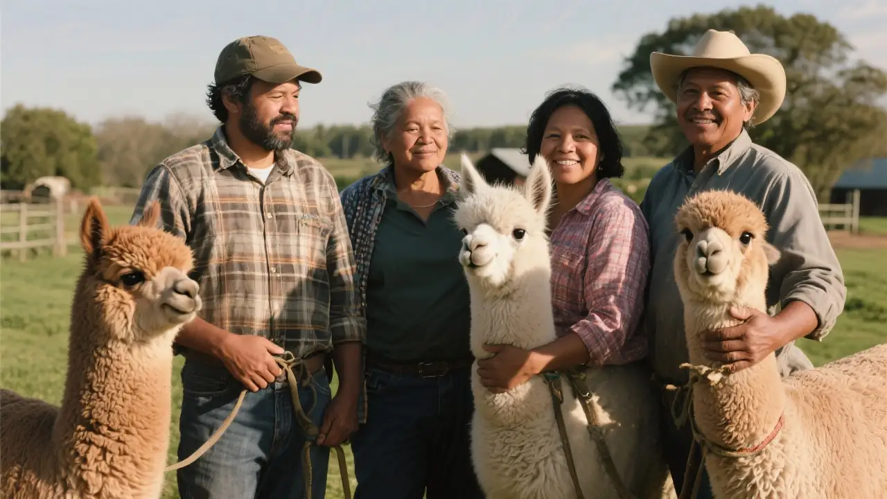 Alpaca farm owners standing proudly with their alpacas